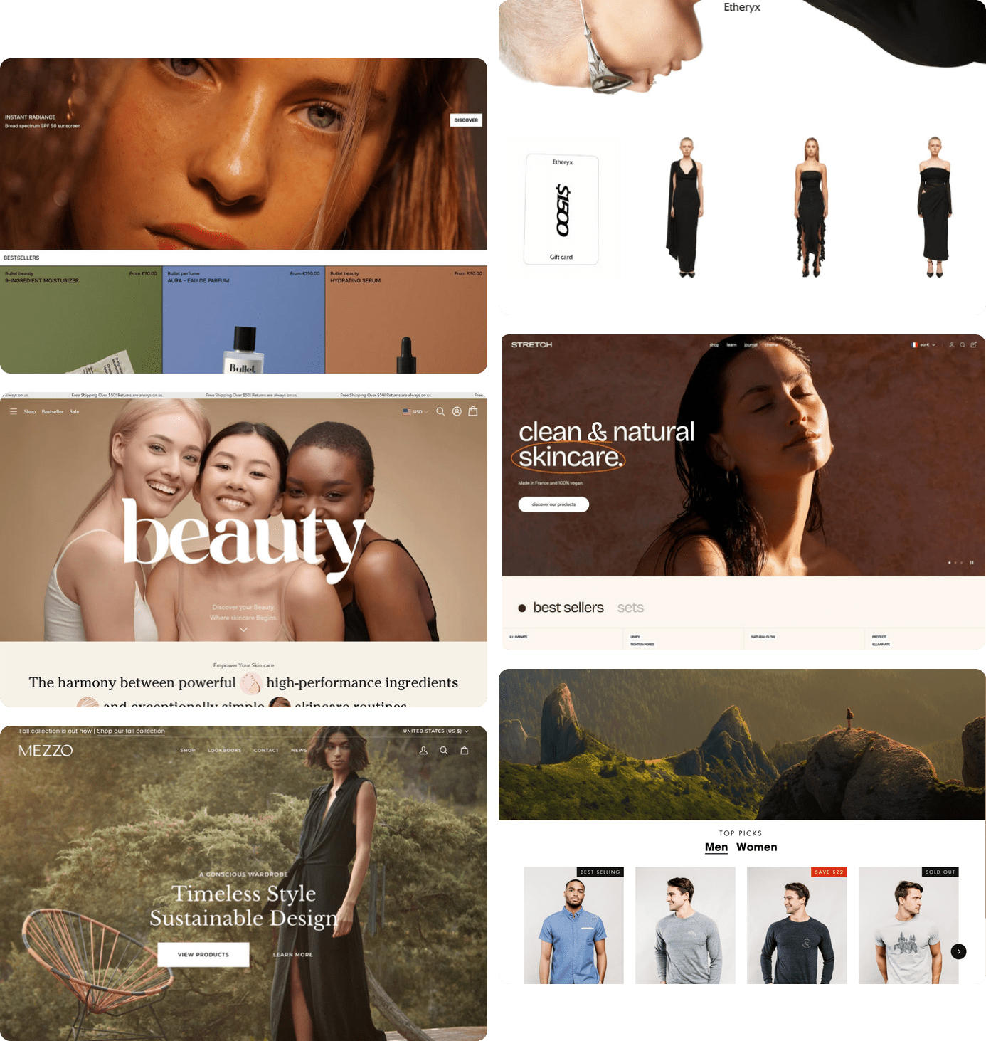 Comparison of free and premium Shopify themes: Dawn, Horizon, Bullet, Etheryx, and Enterprise — 2026
